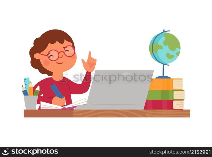 Online education. School work, boy learn computer or studying in internet. Young student at laptop. Distance learning decent vector concept. Illustration education distance, course training laptop. Online education. School work, boy learn computer or studying in internet. Young student at laptop. Distance learning decent vector concept