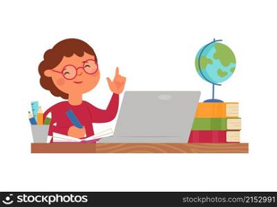 Online education. School work, boy learn computer or studying in internet. Young student at laptop. Distance learning decent vector concept. Illustration education distance, course training laptop. Online education. School work, boy learn computer or studying in internet. Young student at laptop. Distance learning decent vector concept