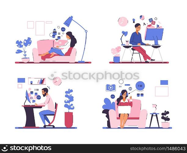Online education. Self training and web courses, learning from home on quarantine, online video lessons and tutorials. Vector set flat illustration people in self-isolation or quarantine. Online education. Self training and web courses, learning from home on quarantine, online video lessons and tutorials. Vector set