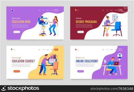 Online education set of four horizontal banners with doodle human characters computers workspaces and clickable buttons vector illustration