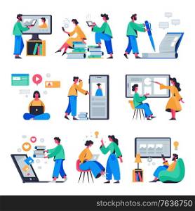 Online education set of isolated icons with books computer screens and characters of teacher and student vector illustration