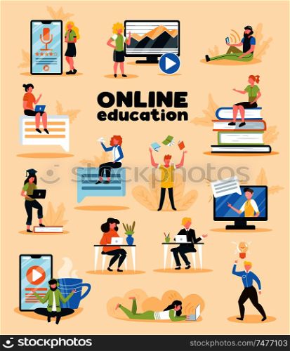 Online education set of people studying distantly using desktop pc phone laptop isolated vector illustration