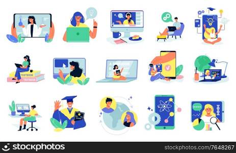 Online education set with isolated learning icons and electronic gadgets with remote students and tutor characters vector illustration