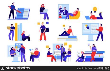 Online education set with learning and training symbols flat isolated vector illustration
