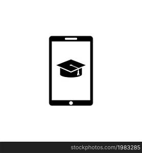 Online Education, Smartphone with Graduation Cap. Flat Vector Icon illustration. Simple black symbol on white background. Mobile App for Learning sign design template for web and mobile UI element. Online Education, Smartphone with Graduation Cap. Flat Vector Icon illustration. Simple black symbol on white background. Mobile App for Learning sign design template for web and mobile UI element.