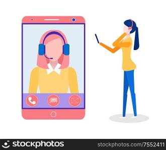 Online education student talking to teacher online vector. Support every day, woman wearing headphones and speaking to tutor. Video stream remote. Online Education Student Talking to Teacher Online