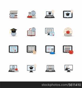 Online education studying and graduation symbols flat icons set isolated vector illustration