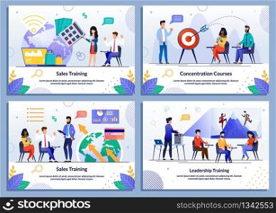 Online Education, Training and Courses Banner Set. Cartoon Female Coach and Male Mentors Characters Giving Lectures about Sales, Keeping Concentration, Leadership. Vector Flat Illustration. Online Education, Training and Courses Banner Set