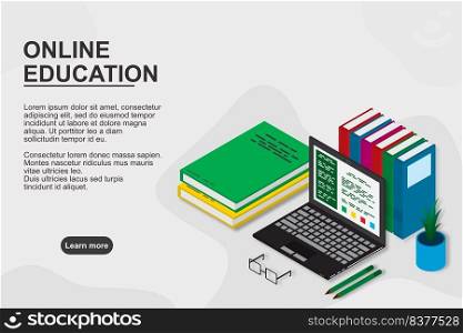 Online education, training, courses, e-learning , distance learning, exam preparation, home schooling. Web banner background. Workplace with laptop, books, pencil.