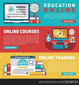 Online education training courses or webinars banners. Online education training courses tutorials webinars vector banners set