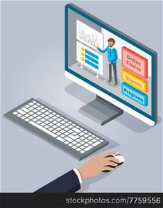 Online education, training e-learning concept. Website for education and business courses. Male hand uses keyboard and mouse to view lessons on internet with trainer explaining statistics presentation. Online education, training, e-learning concept. Website for education and business courses