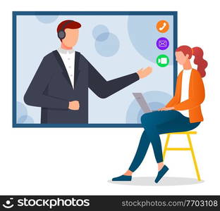 Online education, training or e-learning concept. Website for tutorials and business courses. Video conference, girl sitting on chair with laptop communicating with man in headphones on screen. Online education, training or e-learning concept. Video conference, girl with laptop man on screen