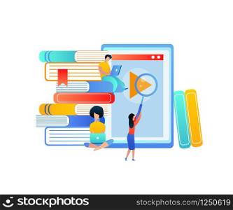 Online Education. Training Young People Gain Knowledge from Books and Internet Around of Huge Tablet and Heap of Textbooks. Learning Students Isolated on White Background. Flat Vector Illustration. Young People Gain Knowledge from Books and Tablet