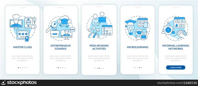 Online education trends blue onboarding mobile app screen. Learning walkthrough 5 steps graphic instructions pages with linear concepts. UI, UX, GUI template. Myriad Pro-Bold, Regular fonts used. Online education trends blue onboarding mobile app screen
