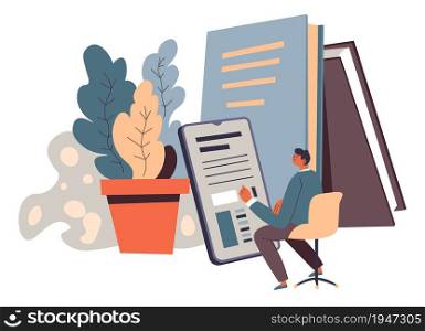 Online education using laptops and gadgets, books and publications with information. Studying in web with tutor, text and video materials. Student on quarantine. Vector in flat style illustration. Education online, man with laptop and books vector