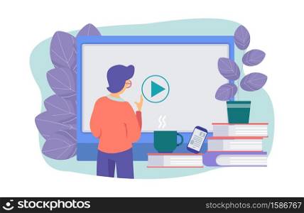 Online education vector concept. E-learning, student and digital content. Modern education illustration. Web online learning and training distance. Online education vector concept. E-learning, student and digital content. Modern education illustration
