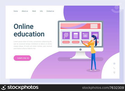 Online education vector, female preparing to exams. Student wearing headphones listening to program on smartphone, studying new discipline. Website or webpage template, landing page flat style. Online Education Woman Listening Courses on Web