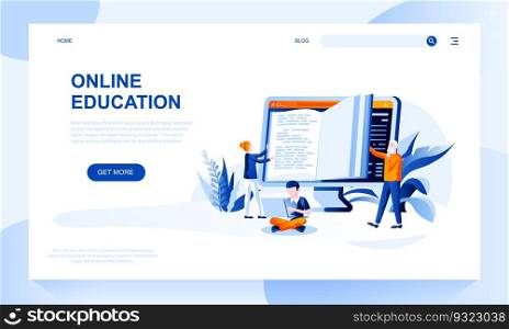 Online education vector landing page template with header. E learning web banner, homepage design with flat illustrations. Ebooks and online library. Distance studying, webinars and internet courses. Online education vector landing page template with header. E learning web banner, homepage design with flat illustrations