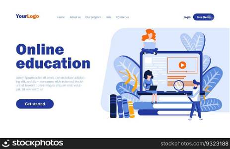 Online education vector landing page template with header. Educational program app web banner, homepage design with flat illustrations. Modern schooling system. E learning, study concept