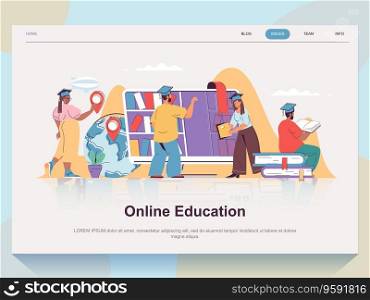 Online education web concept for landing page in flat design. Man and woman reading books, watching webinars and video lessons, graduation. Vector illustration with people scene for website homepage