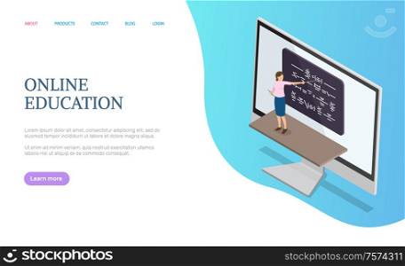 Online education web training, teacher with pointer showing formulas on board. Electronic learning courses, using gadget studying information vector. Website or webpage template landing page in flat. Online Education Training, Teacher and Desk Vector