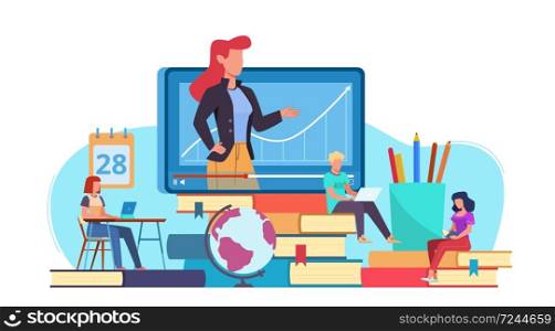 Online education. Webinar and video seminar learning, online teacher on computer monitor, internet teaching and e-learning, tutorials for students, flat vector concept. Online education. Webinar and video seminar learning, online teacher on monitor, internet teaching, tutorials for students, vector concept