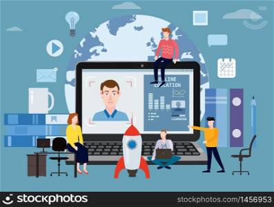 Online education webinar icons composition with teacher coach. Online education webinar icons composition with teacher coach trainer men and students on laptop electronic library distance education, online courses, e-learning, tutorials training courses. Vector flat illustration baner isolated