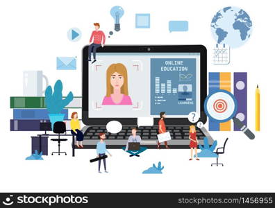 Online education webinar icons composition with teacher coach. Online education webinar icons composition with teacher coach trainer women and students on laptop electronic library distance education, online courses, e-learning, tutorials training courses. Vector flat illustration baner isolated