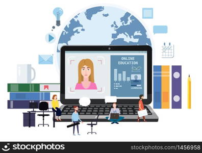 Online education webinar icons composition with teacher coach. Online education webinar icons composition with teacher coach trainer women and students on laptop electronic library distance education, online courses, e-learning, tutorials training courses. Vector flat illustration baner isolated