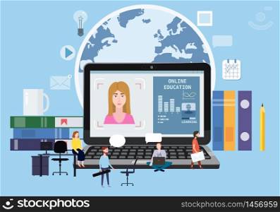 Online education webinar icons composition with teacher coach. Online education webinar icons composition with teacher coach trainer women and students on laptop electronic library distance education, online courses, e-learning, tutorials training courses. Vector flat illustration baner isolated