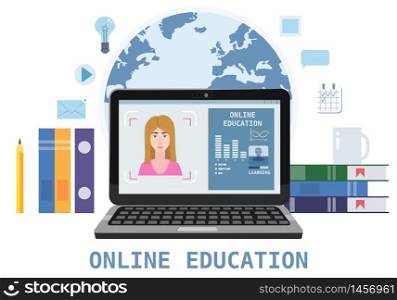 Online education webinar icons composition with teacher coach. Online education webinar icons composition with teacher coach trainer women on laptop electronic library distance education, online courses, e-learning, tutorials training courses. Vector flat illustration baner isolated