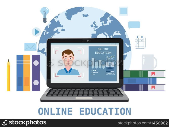 Online education webinar icons composition with teacher coach. Online education webinar icons composition with teacher coach trainer men on laptop electronic library distance education, online courses, e-learning, tutorials training courses. Vector flat illustration baner isolated