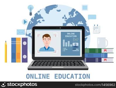 Online education webinar icons composition with teacher coach. Online education webinar icons composition with teacher coach trainer men on laptop electronic library distance education, online courses, e-learning, tutorials training courses. Vector flat illustration baner isolated