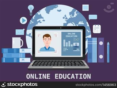 Online education webinar icons composition with teacher coach. Online education webinar icons composition with teacher coach trainer men on laptop electronic library distance education, online courses, e-learning, tutorials training courses. Vector flat illustration baner isolated