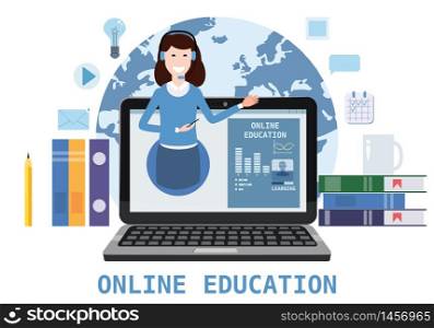 Online education webinar icons composition with teacher coach. Online education webinar icons composition with teacher coach trainer women on laptop electronic library distance education, online courses, e-learning, tutorials training courses. Vector flat illustration baner isolated