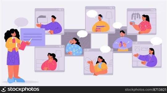 Online education, webinar, teacher and students lesson via video conference internet connection. Female tutor conduct class on device screen, distant school training, Line art flat vector illustration. Online education, teacher and students webinar