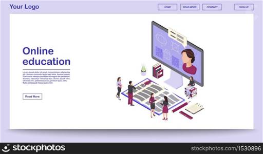 Online education webpage vector template with isometric illustration. E learning. Online courses, classes. Remote studying. Math webinar. Website interface design. Webpage, mobile app 3d concept. Online education webpage vector template with isometric illustration