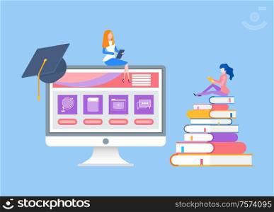 Online education woman reading book distant courses vector. Modern technologies, reader with printed publication and bookmarks, monitor with graduation hat. Online Education Woman Reading Distant Courses