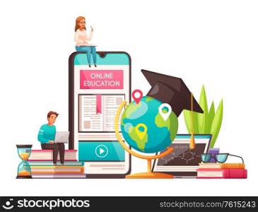 Online education worldwide cartoon composition with graduation cap students sitting on smartphone books pile hourglass vector illustration