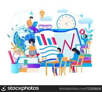 Online Educational Courses. Small People sitting at Computer Screen with Graphs and Charts. Men and Women Students Learning via Internet Using Gadjets. Education Icons. Flat Vector Illustration.. Small People sitting at Computer Screen with Graph