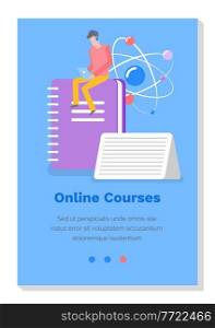 Online educational courses, studying material concept. Man working on self education using tablet. Website landing page template. Male character is busy with self-development vector illustration. Online educational courses, studying material concept. Man working on self education using tablet
