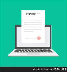 Online electronic smart contract document on laptop, paper document, signature on computer screen. vector illustration. Business concept. Online electronic smart contract document on laptop, paper document, signature on computer screen. vector illustration.