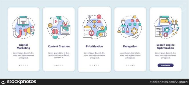 Online entrepreneur skills onboarding mobile app page screen. Digital marketing walkthrough 5 steps graphic instructions with concepts. UI, UX, GUI vector template with linear color illustrations. Online entrepreneur skills onboarding mobile app page screen
