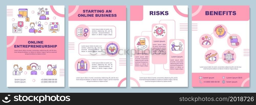 Online entrepreneurship brochure template. Risks and benefits. Flyer, booklet, leaflet print, cover design with linear icons. Vector layouts for presentation, annual reports, advertisement pages. Online entrepreneurship brochure template