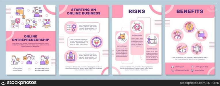 Online entrepreneurship brochure template. Risks and benefits. Flyer, booklet, leaflet print, cover design with linear icons. Vector layouts for presentation, annual reports, advertisement pages. Online entrepreneurship brochure template