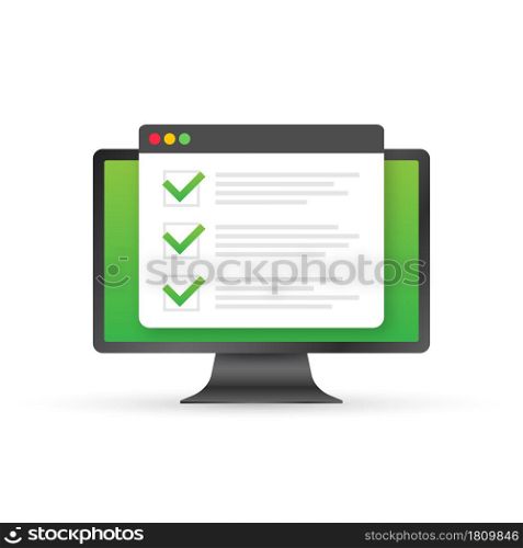 Online exam, checklist and pencil, choosing answer, questionnaire form, taking test. Vector illustration. Online exam, checklist and pencil, choosing answer, questionnaire form, taking test. Vector illustration.