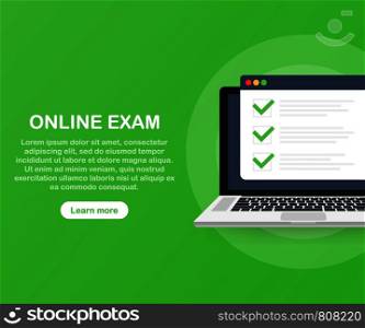 Online exam computer web app. Isometric laptop with paper document printing from screen and phone. Online test or opinion checklist. Vector stock illustration.