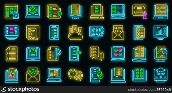 Online exam icons set outline vector. Study class. Exam test vector neon. Online exam icons set outline vector. Study class vector neon