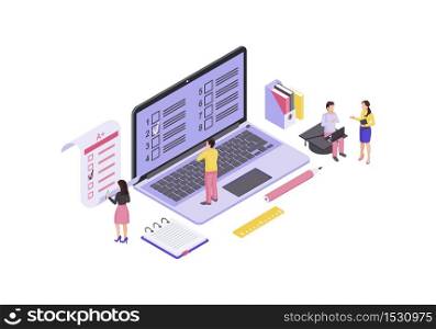 Online exam isometric color vector illustration. Student examination, homework infographic. Computer display with language test forms. E learning class 3d isolated concept. Education platform. Online exam isometric color vector illustration