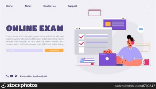 Online exam landing page, distant educational classes concept with student watch webinar via video conference internet connection. School lesson through laptop screen, Line art flat vector web banner. Online exam landing page distant education classes